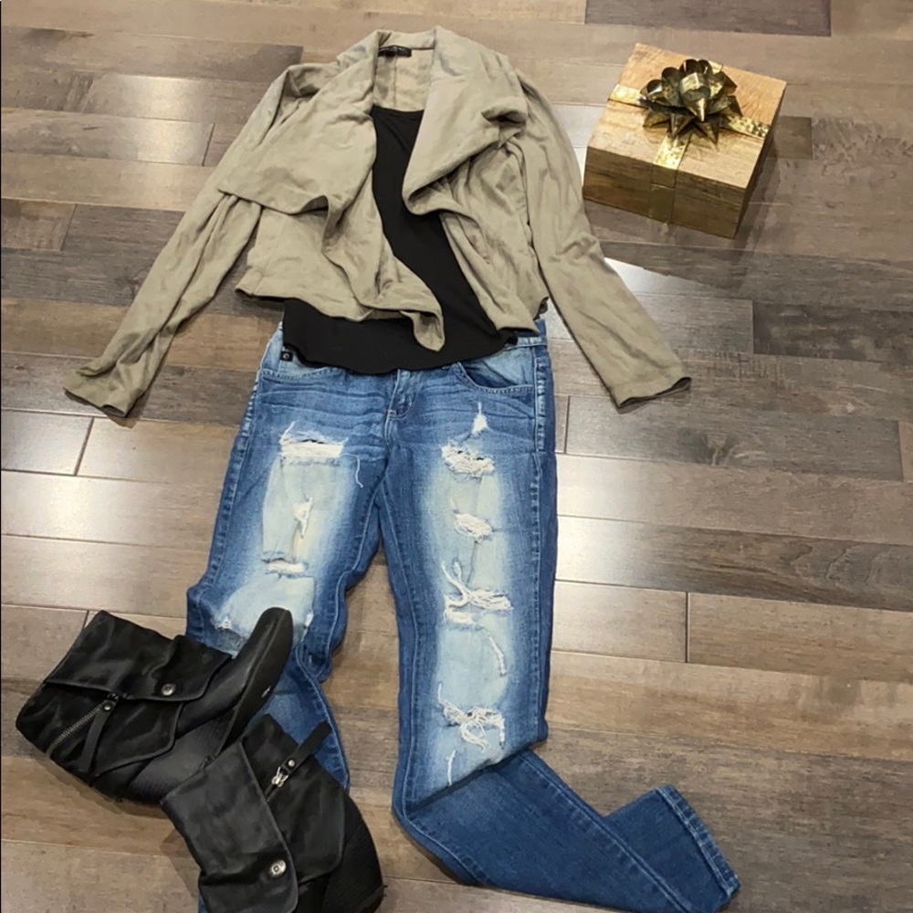 Greige faux suede drape jacket
